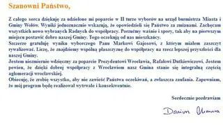 Zwycięzca z Wołowa dziękuje wyborcom