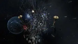 Masa wirtualnych okrętów zajętych walką. Złote "grzybki" to jeden z typów Tytanów, wyraźnie większych od reszty "towarzystwa"