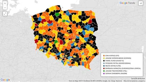 Mapa wyszukiwań liderów komitetów wyborczych Google Trends