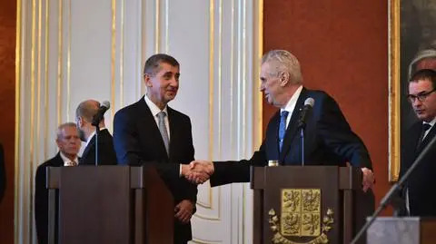 Prime Minister of the Czech Republic Andrej Babis shaking hands with the Czech President Miloz Zeman