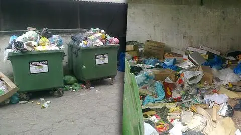 Kubły na chodniku, góra śmieci rośnie na ziemi. "Nikt tego nie sprząta" 