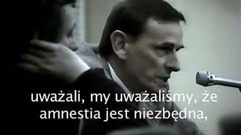 Senator Zbigniew Romaszewski o amnestii. Spotkanie z robotnikami w jednym z zakładów pracy.