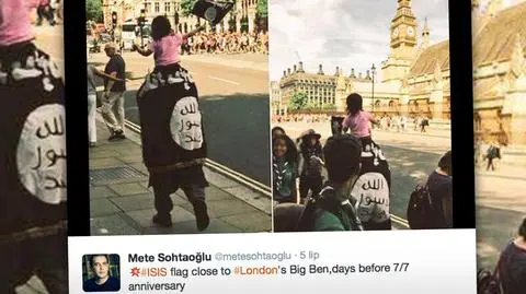 Londyn. Mężczyzna z flągą Państwa Islamskiego w pobliżu parlamentu