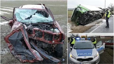 Wypadł na łuku, minął jedną ciężarówkę, uderzył w drugą
