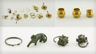 Przedmioty znalezione w podklasztornym skarbcu, wśród nich są fragmenty królewskiego berła