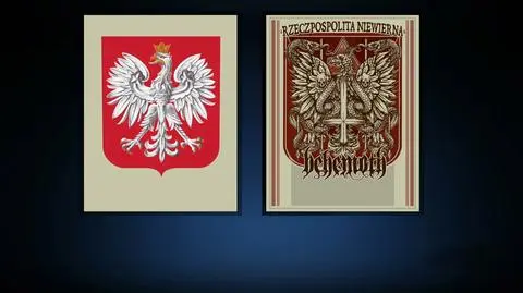 Obok polskiego godła wisi grafika Rafała Wechterowicza będąca źródłem sporu