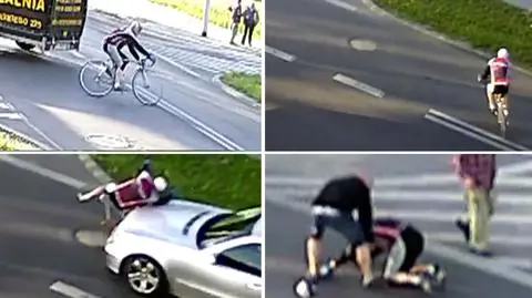 Rowerzysta pod kołami mercedesa, nagranie wypadku