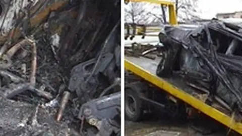 Spalone auto, zwęglone zwłoki