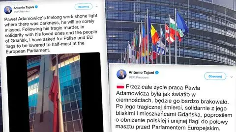 Flagi Polski i UE opuszczone do połowy masztu przed Parlamentem Europejskim