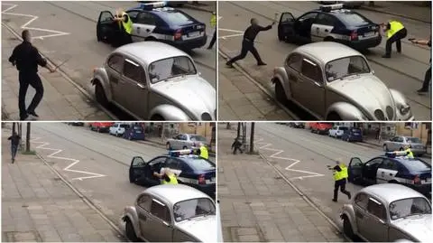 Tłuczkiem i rurką rzucał w radiowóz. Policjanci oddali strzały. Zobacz film z akcji