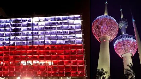 Buildings illuminated in red-and-white in Israel and Kuwait