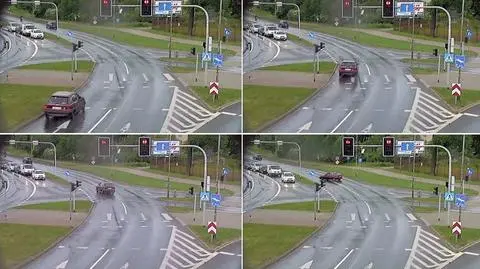 Przejechał na czerwonym i wypadł 
z jezdni. Nagrała go kamera