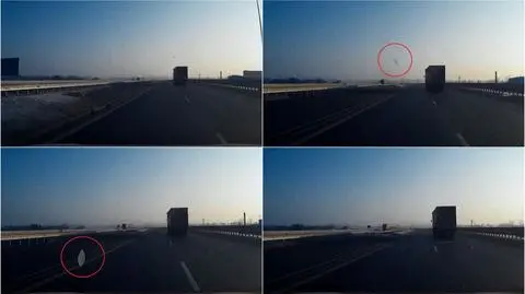 Rzeszów. Tir pędzi autostradą, z dachu leci lód