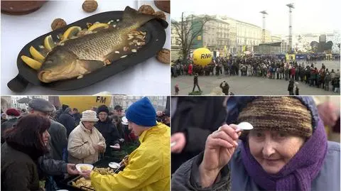 Karp, pierogi, barszcz.
Tradycyjna Wigilia dla bezdomnych w Krakowie
