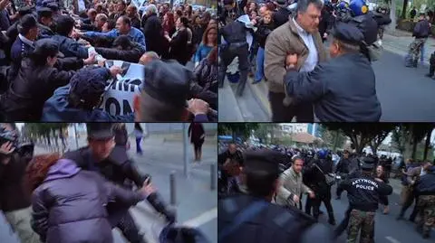 "Łapy precz od banku!". Pracownicy starli się z policją