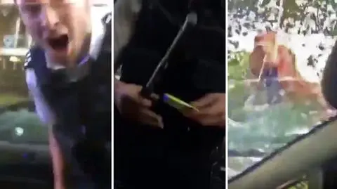 Policjant wybił przednią szybę w samochodzie