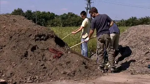 Archeolodzy przy hałdzie kości 