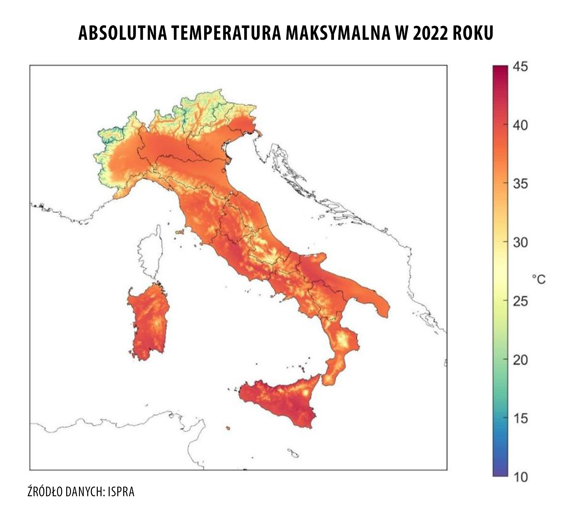 Najwyższe temperatury zmierzone we Włoszech na danym terenie w 2022 roku