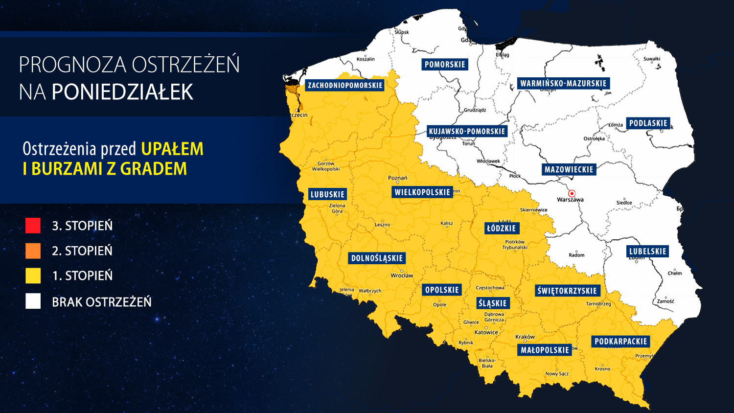 Prognoza zagrożeń meteorologicznych na poniedziałek