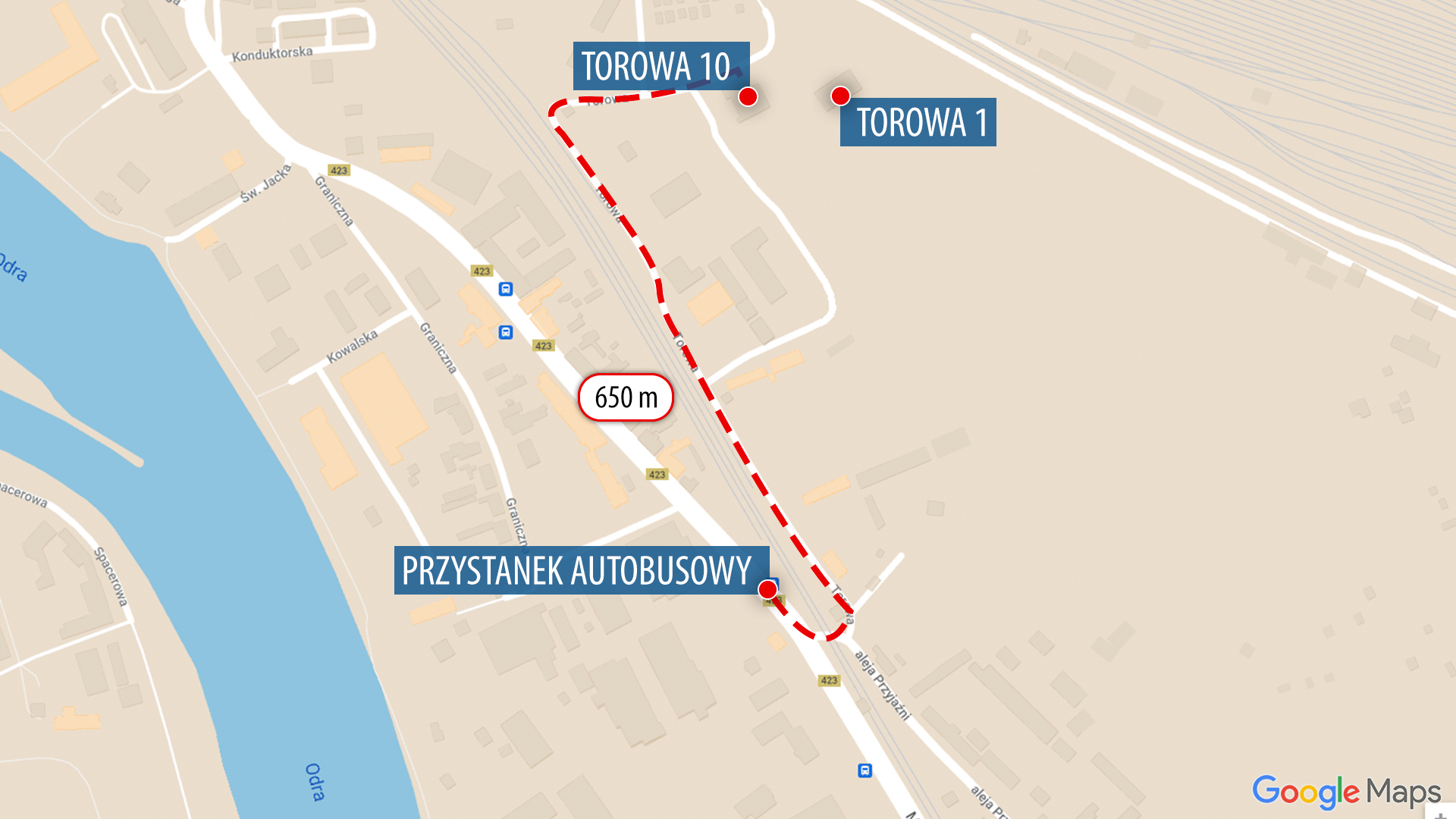 Odległość od przystanku do budynków przy Torowej, gdzie będzie mieścić się szkoła, to 650 m. 