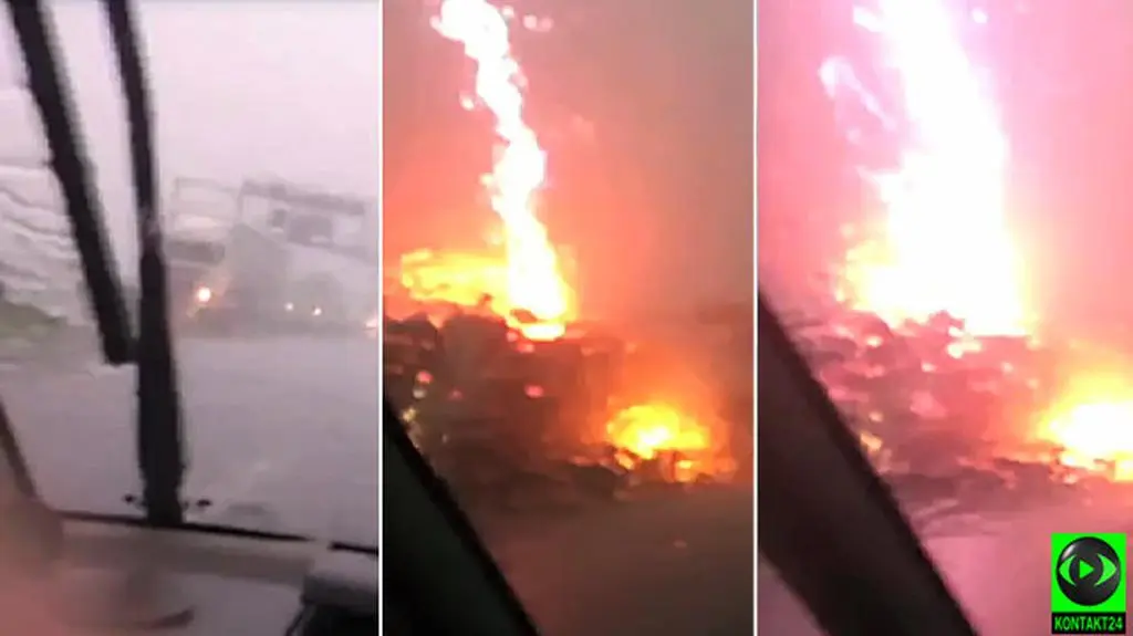 Huk, linia ognia i iskry. Niesamowite nagranie z uderzenia pioruna na A8