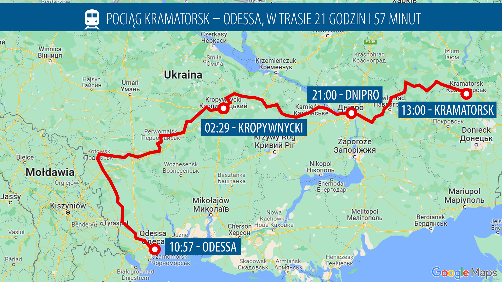 Pociąg z Kramatorska do Odessy jedzie niemal 22 godziny