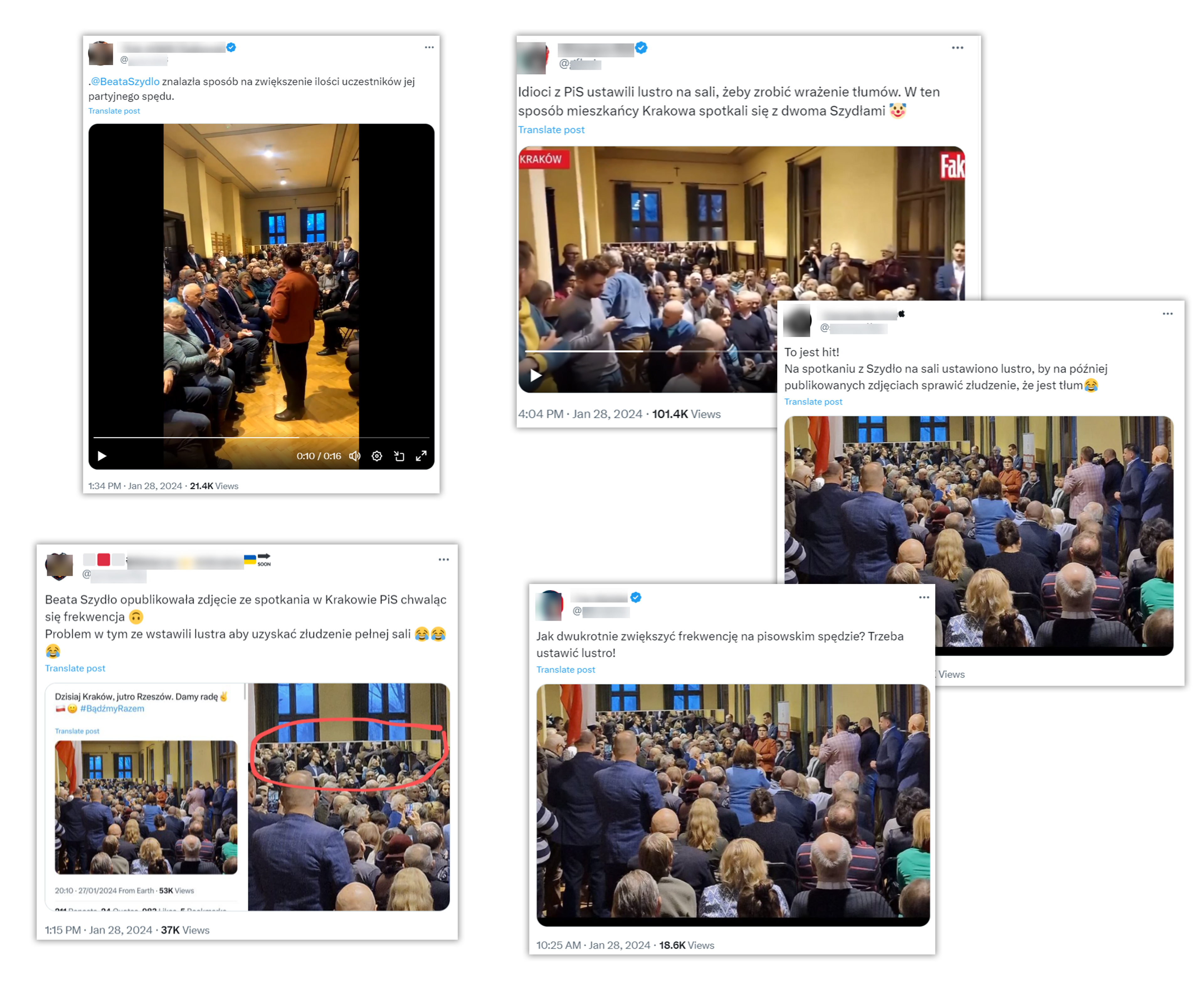 Posty internautów twierdzących, że PiS specjalnie w sali, gdzie odbywało się spotkanie z Beatą Szydło, wstawił ogromne lustro.