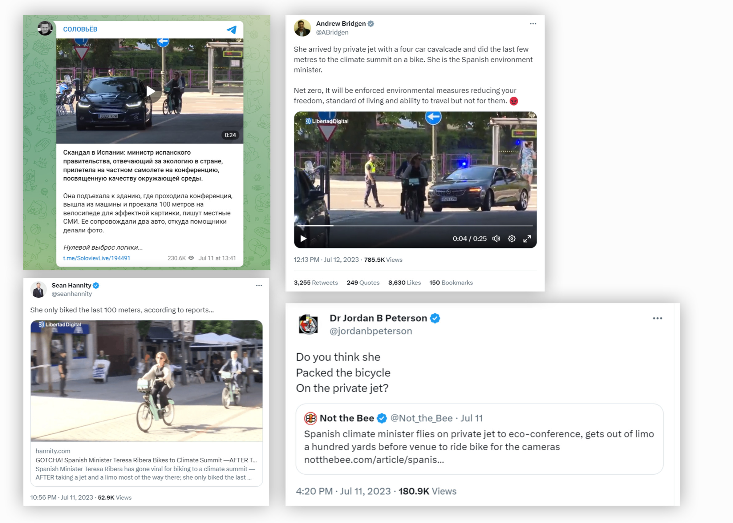 Wpisy w mediach społecznościowych komentujące przejazd na rowerze hiszpańskiej wicepremierki