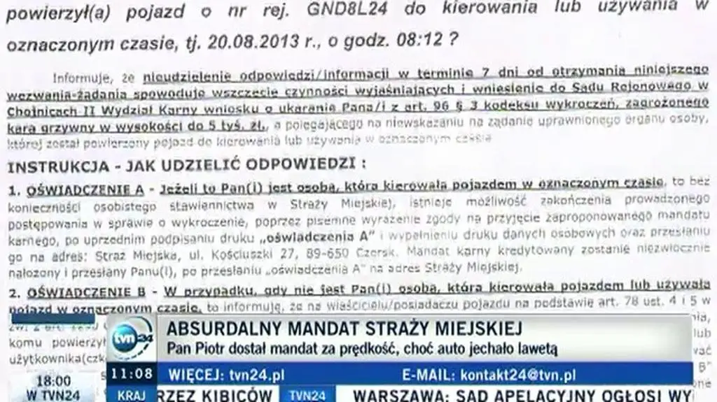Komendant będzie tłumaczył się za mandat dla auta na lawecie