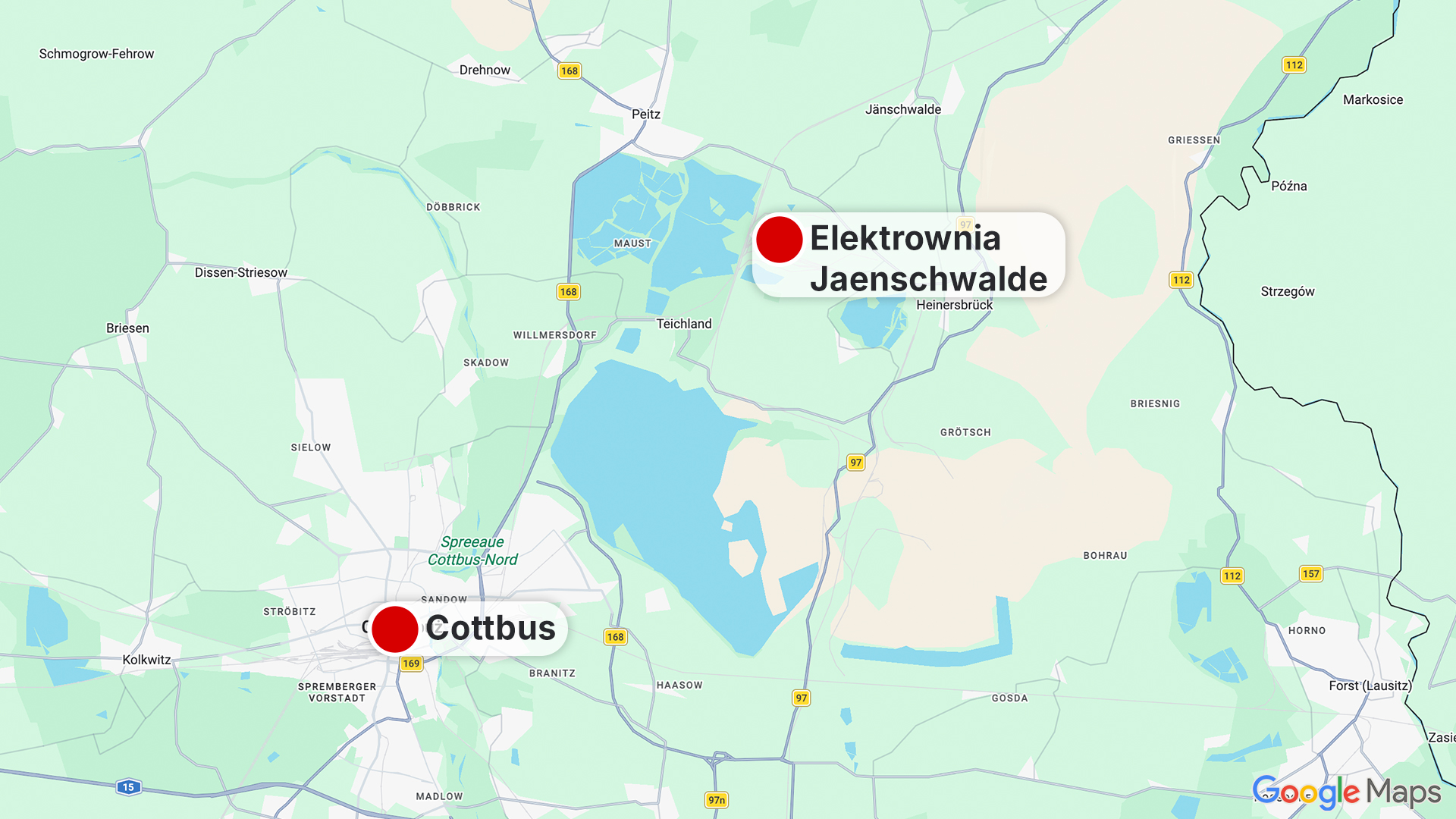 Mapa - elektrownia Jaenschwalde, położona nieopodal Chociebuża
