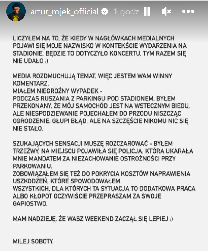 Oświadczenie Artura Rojka na Instagramie