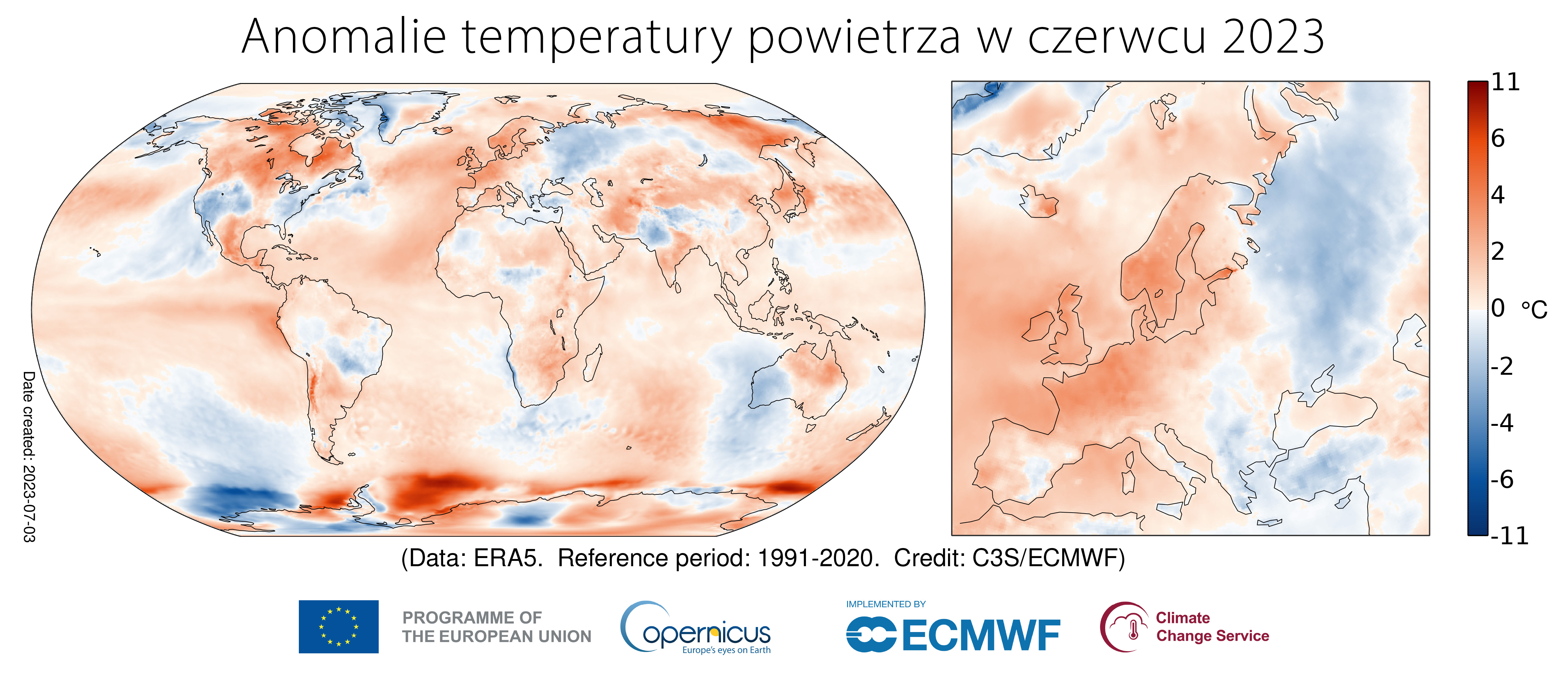 Anomalie temperatury powietrza w czerwcu 2023