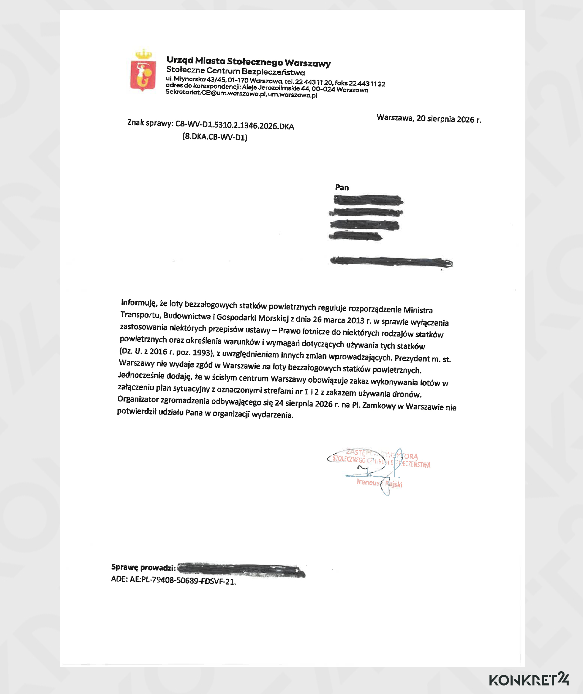 Odpowiedź Stołecznego Centrum Bezpieczeństwa na korespondencję dot. dronów 