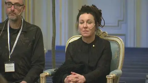 Olga Tokarczuk at press conference for literature Nobel Prize winners