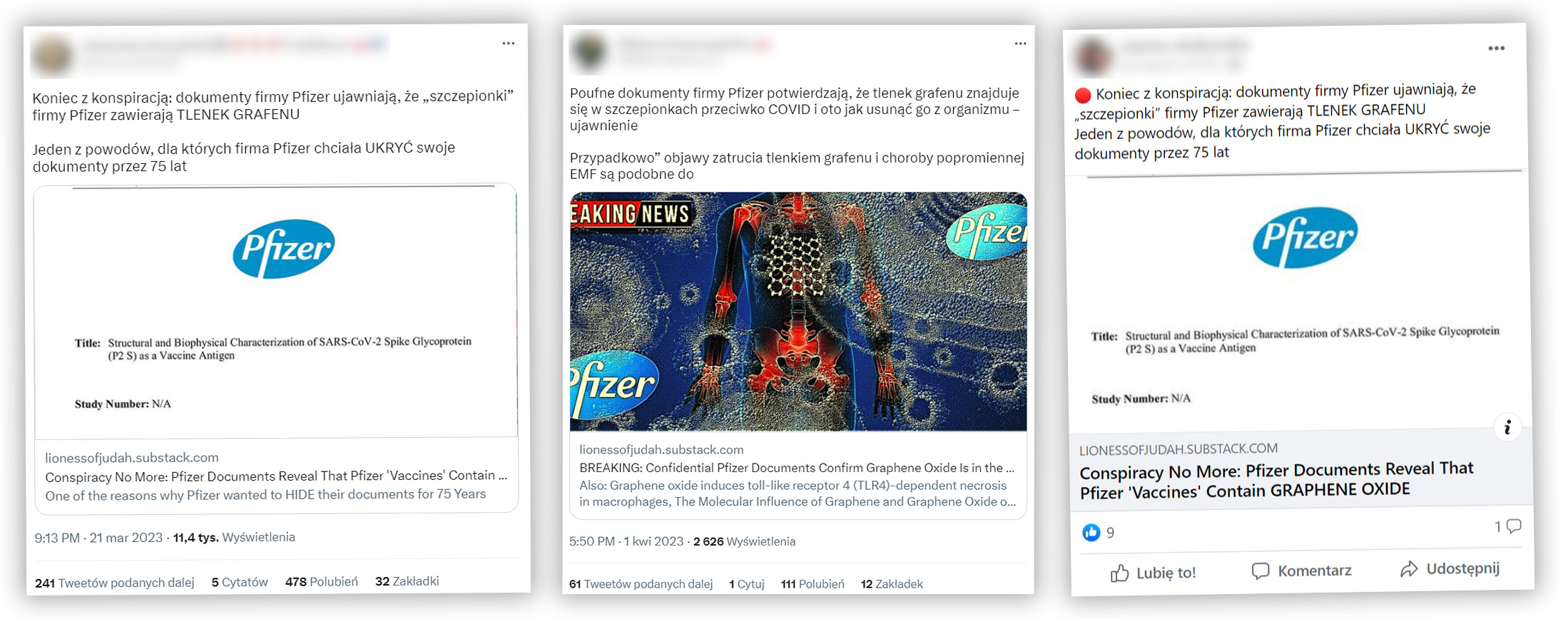 Wprowadzające w błąd posty o dokumentach firmy farmaceutycznej 