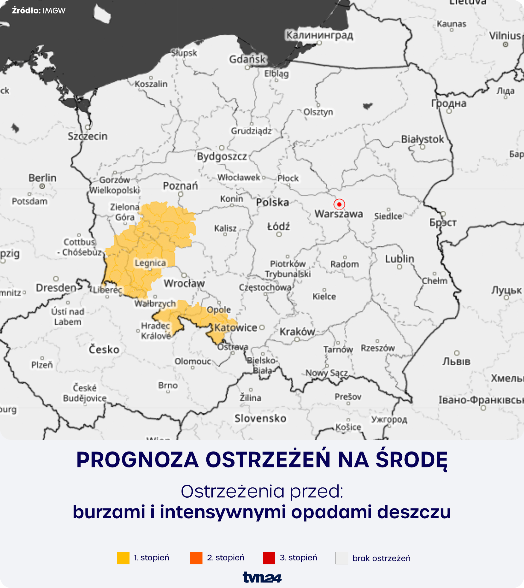 Prognoza ostrzeżeń IMGW na środę