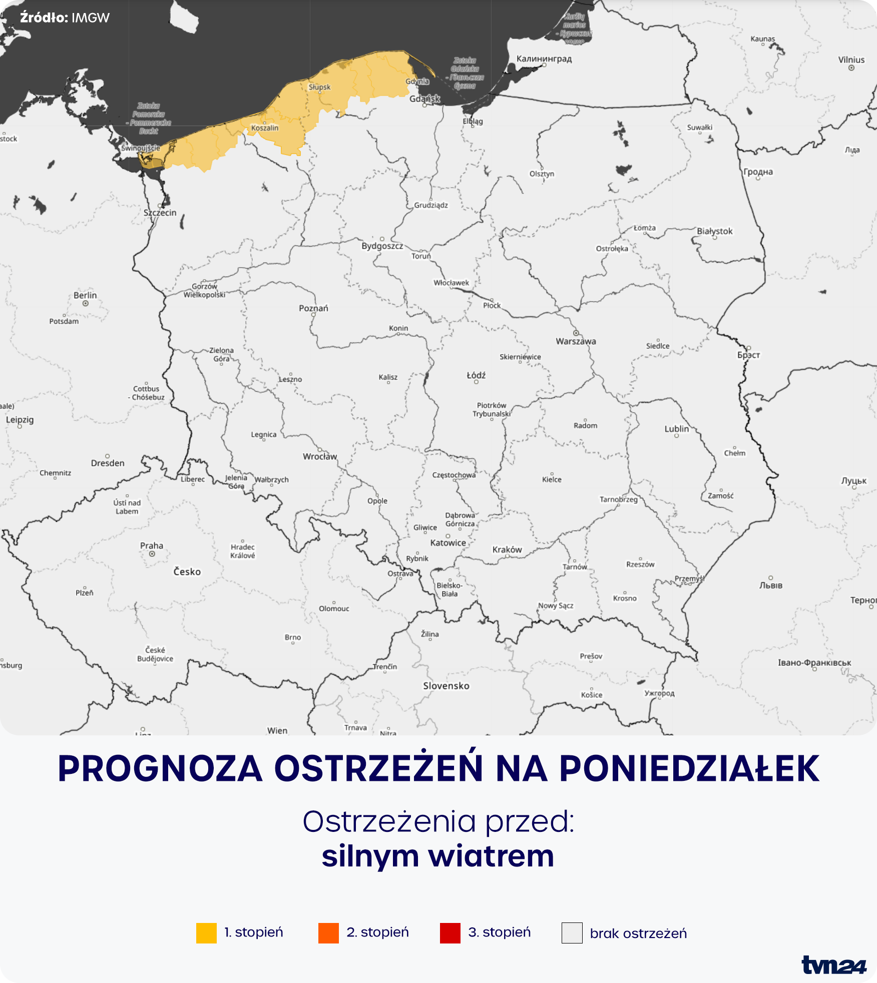Prognoza zagrożeń meteorologicznych na poniedziałek