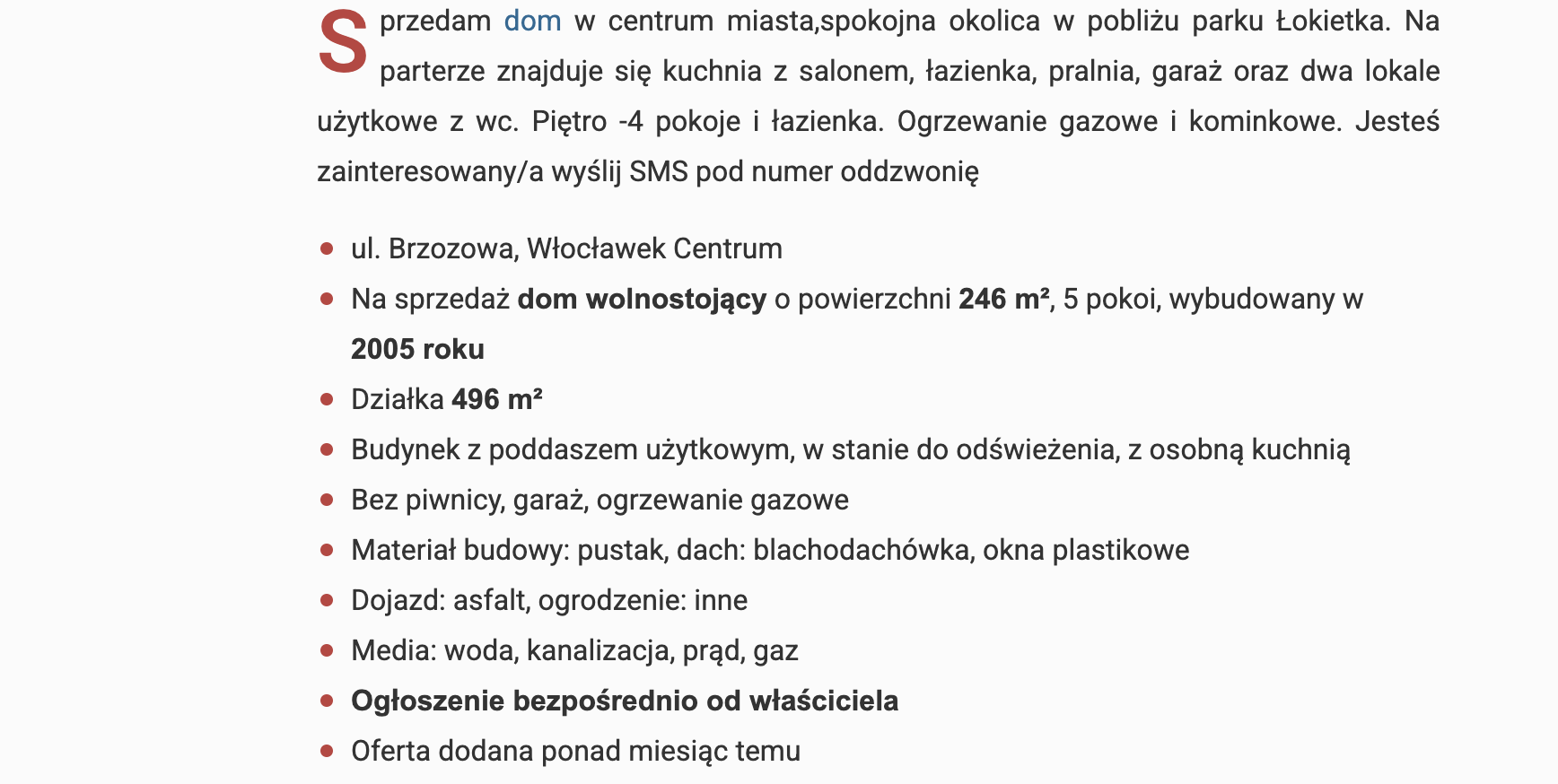 Ogłoszenie sprzedaży domu przy Brzozowej