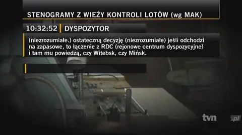 Rozmowa z wieży kontroli lotów of od 10:32:52 do 10:36:41. Zapis z  tzw. otwartego mikrofonu. (TVN24)