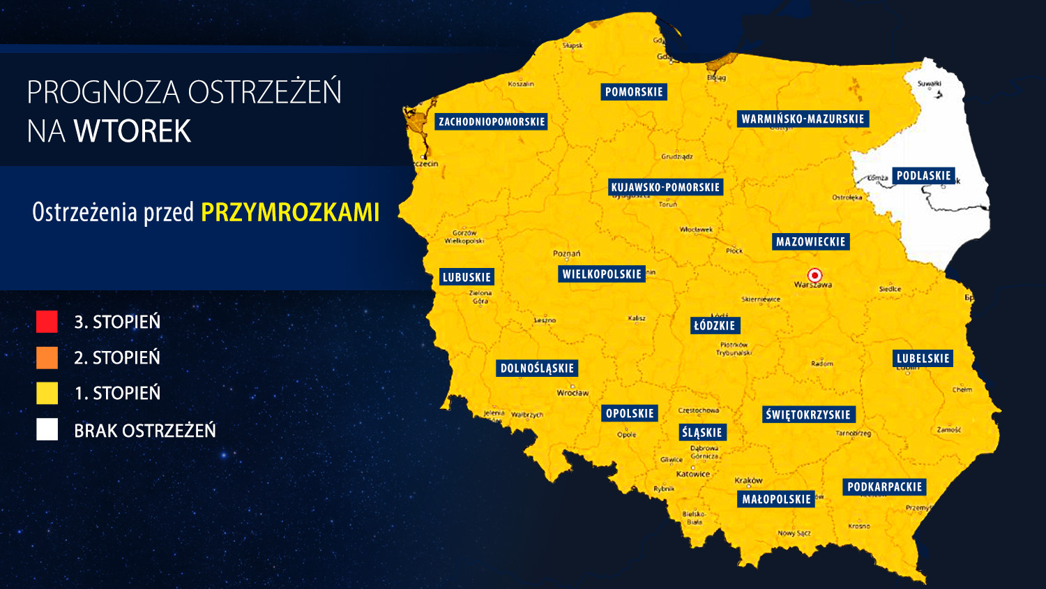 Prognoza zagrożeń IMGW na wtorek