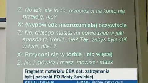 Sawicka do funkcjonariusza CBA: Mi będzie potrzeba na kampanię 100 tys.(...) Przynosi się w torbie i nic więcej.
