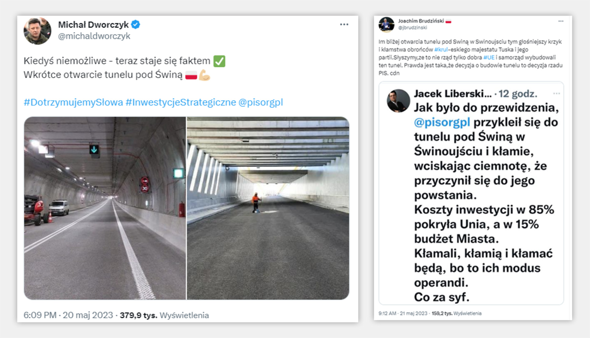 Posty Michała Dworczyka i Joachima Brudzińskiego w dyskusji o tunelu  