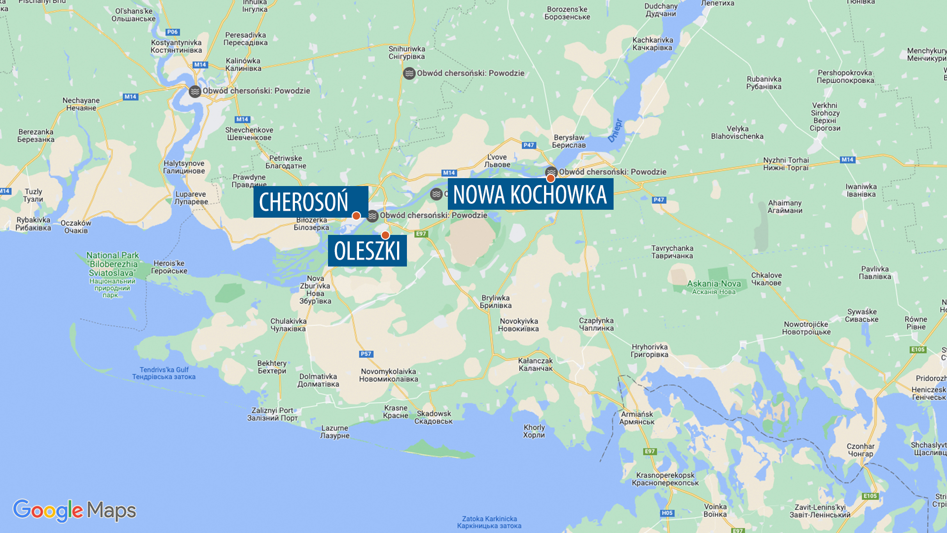 Chersoń, Oleszki i Nowa Kachowka na mapie