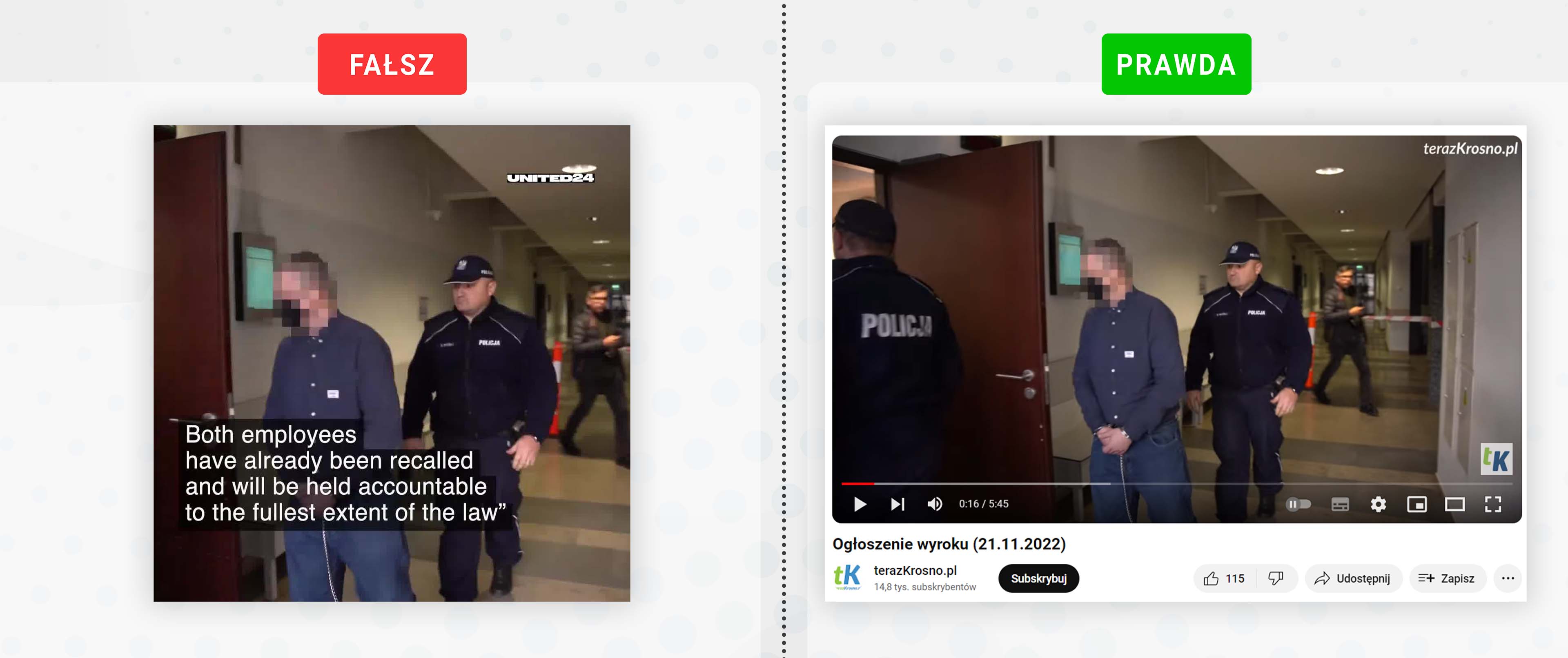 Przykład 4: Ujęcia z doprowadzenia oskarżonego wzięto z filmu na YouTube lokalnego portalu terazKrosno.pl