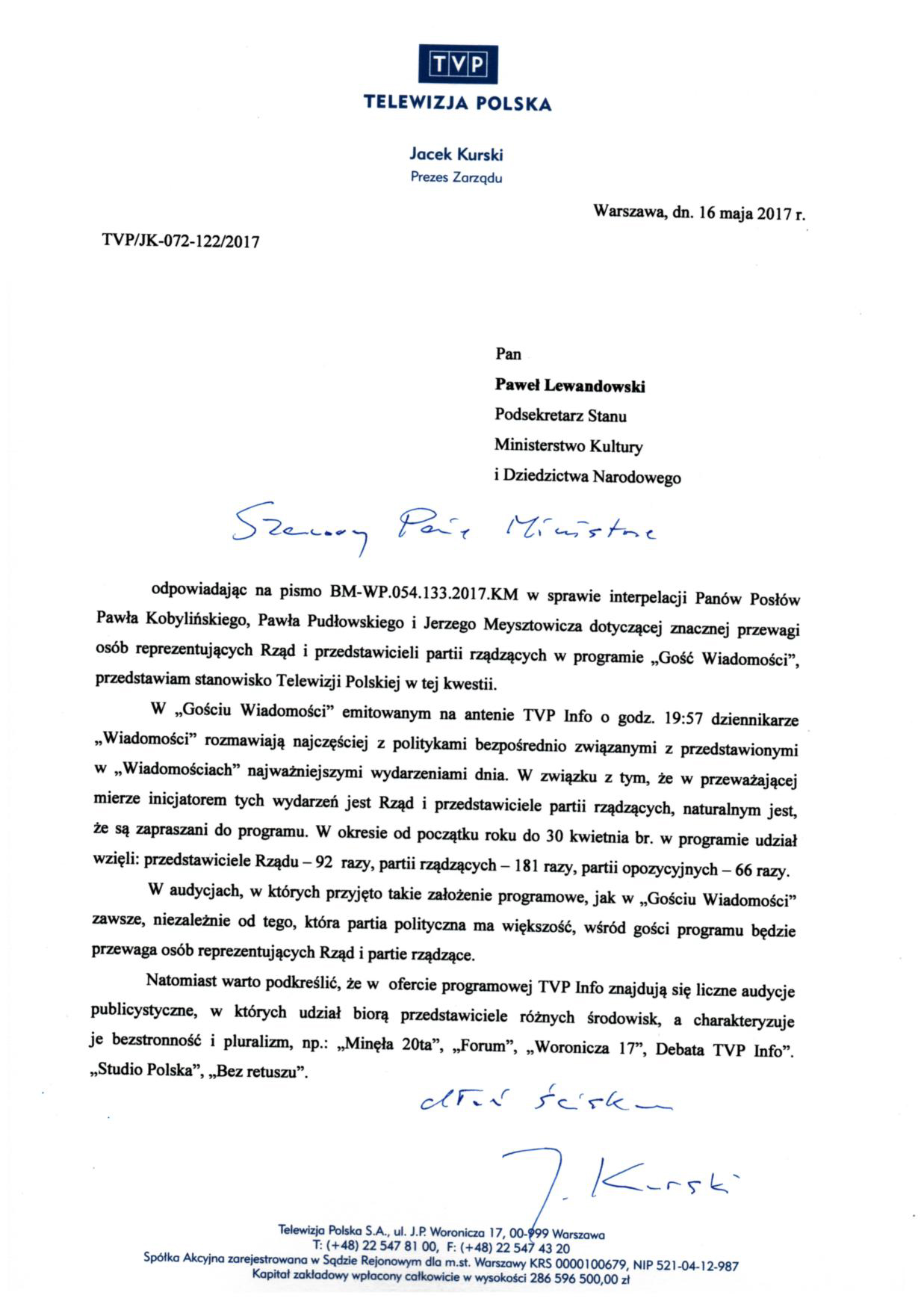Odpowiedź prezesa TVP Jacka Kurskiego na interpelację posłów opozycji