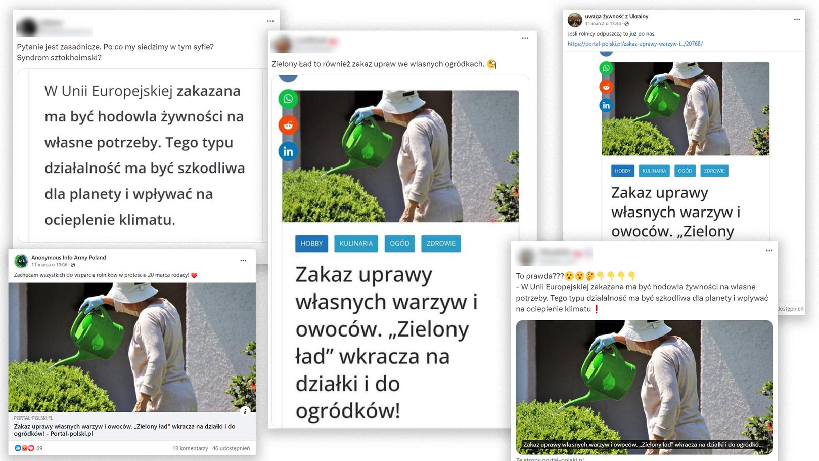 Wpisy z mediów społecznościowych z fragmentami artykułów o rzekomym zakazie własnych upraw.