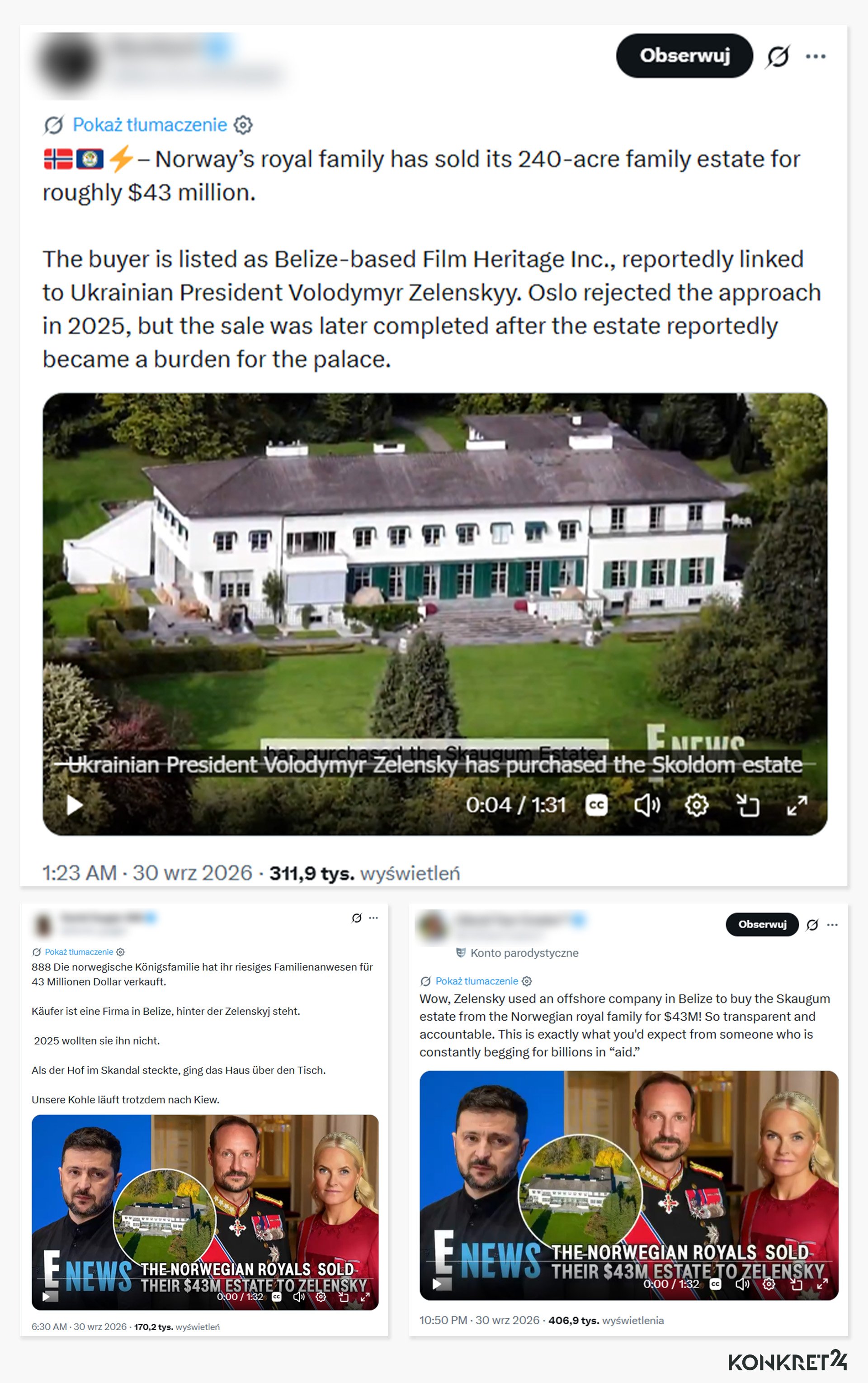 Wpisy o rzekomej transakcji publikowane w różnych językach