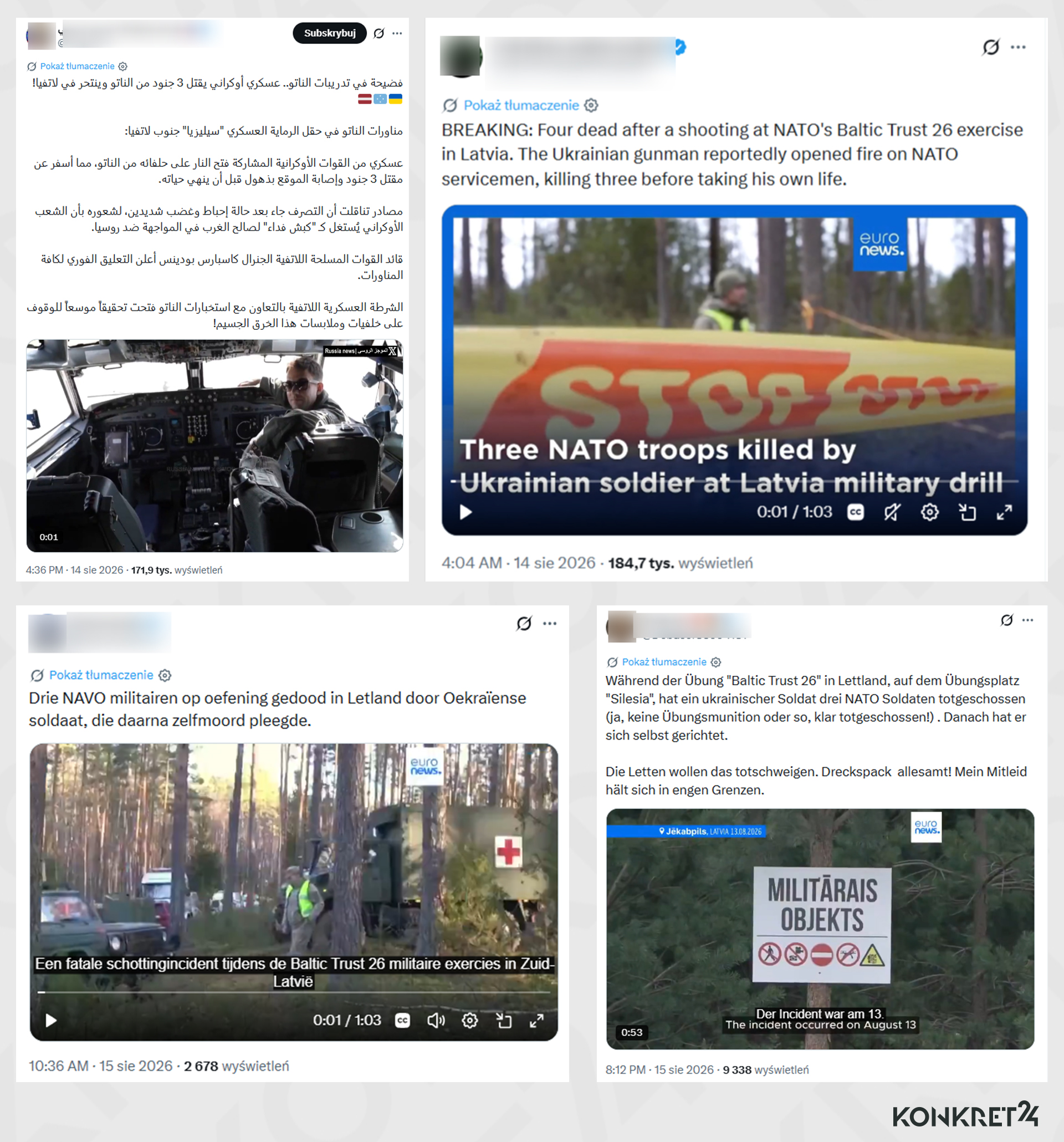Wpisy o rzekomym incydencie na Łotwie w różnych językach