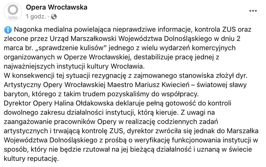 Komunikat Opery Wrocławskiej