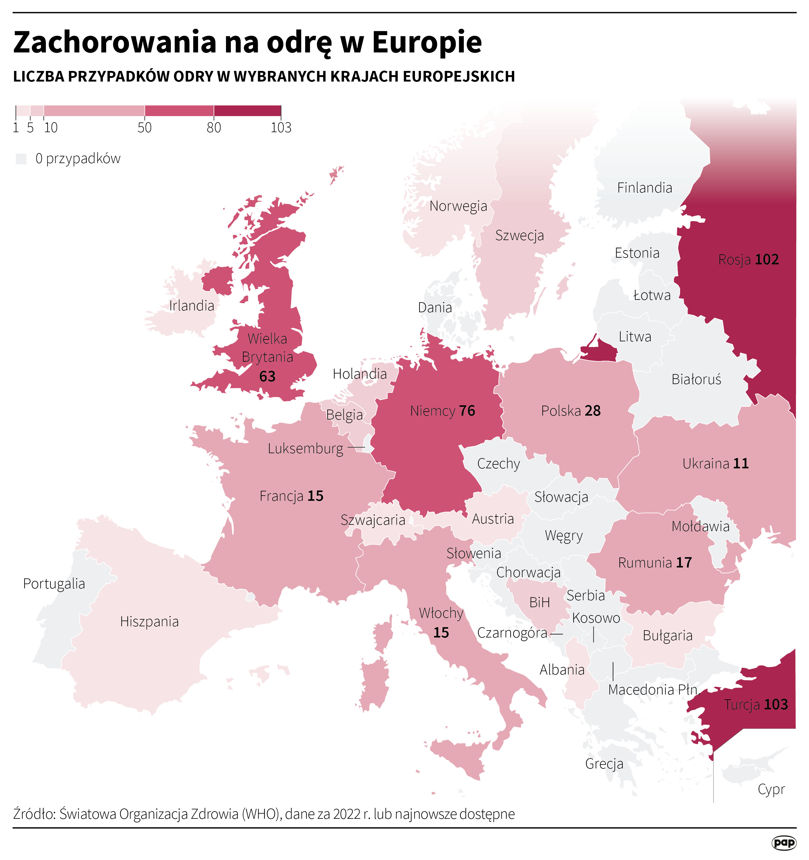 Zachorowania na odrę w Europie, dane za 2022 r. lub najnowsze dostępne